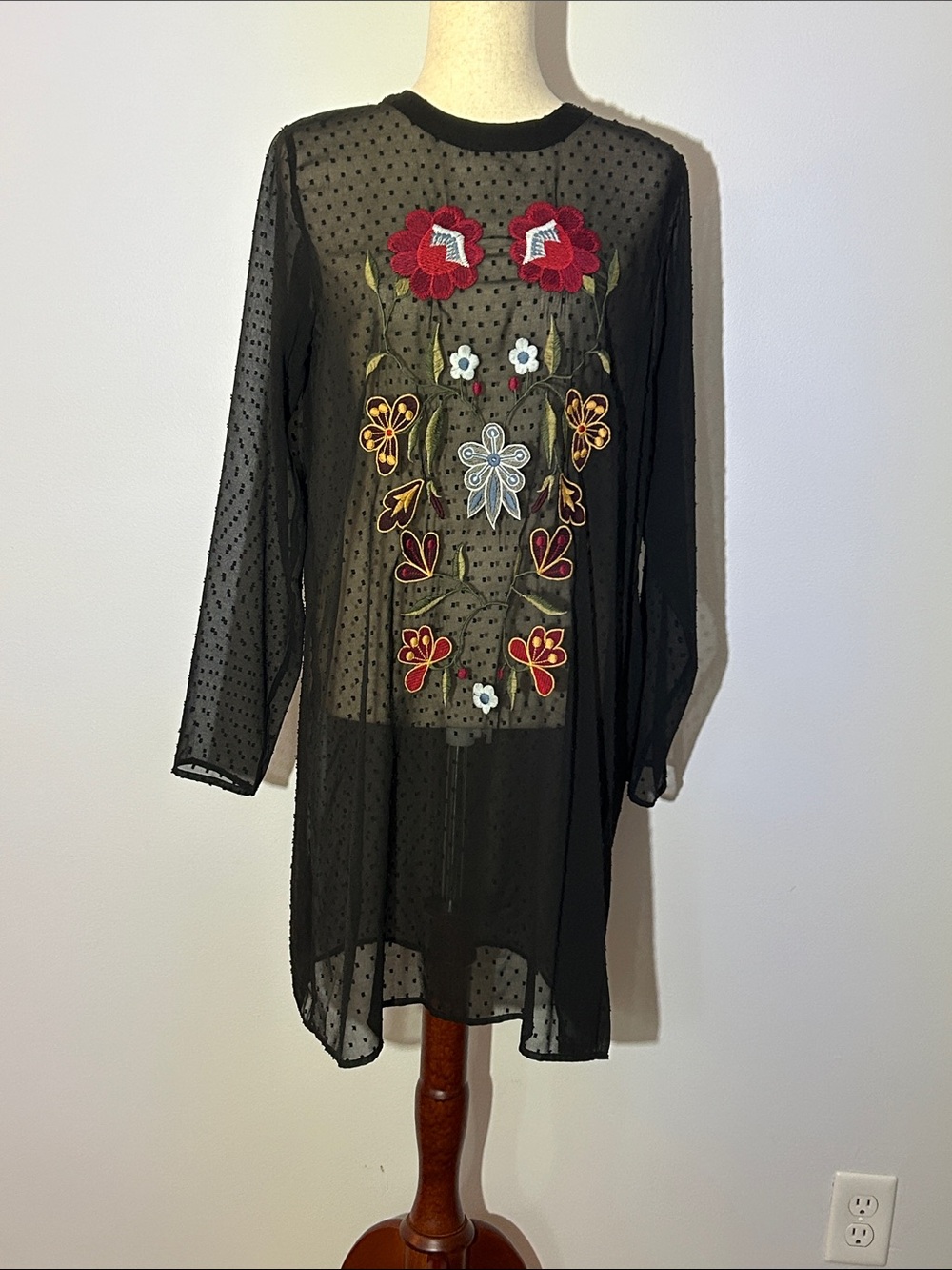 Philosophy Black Sheer Long Sleeve Dress with Red & Multicolor Floral Embroidery